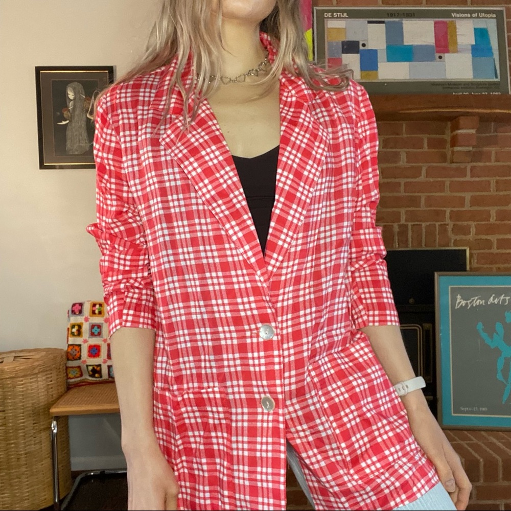 Vintage 80s IVY Lightweight Oversized Windowpane Plaid Unlined Pocket Bl… - Picture 2 of 15